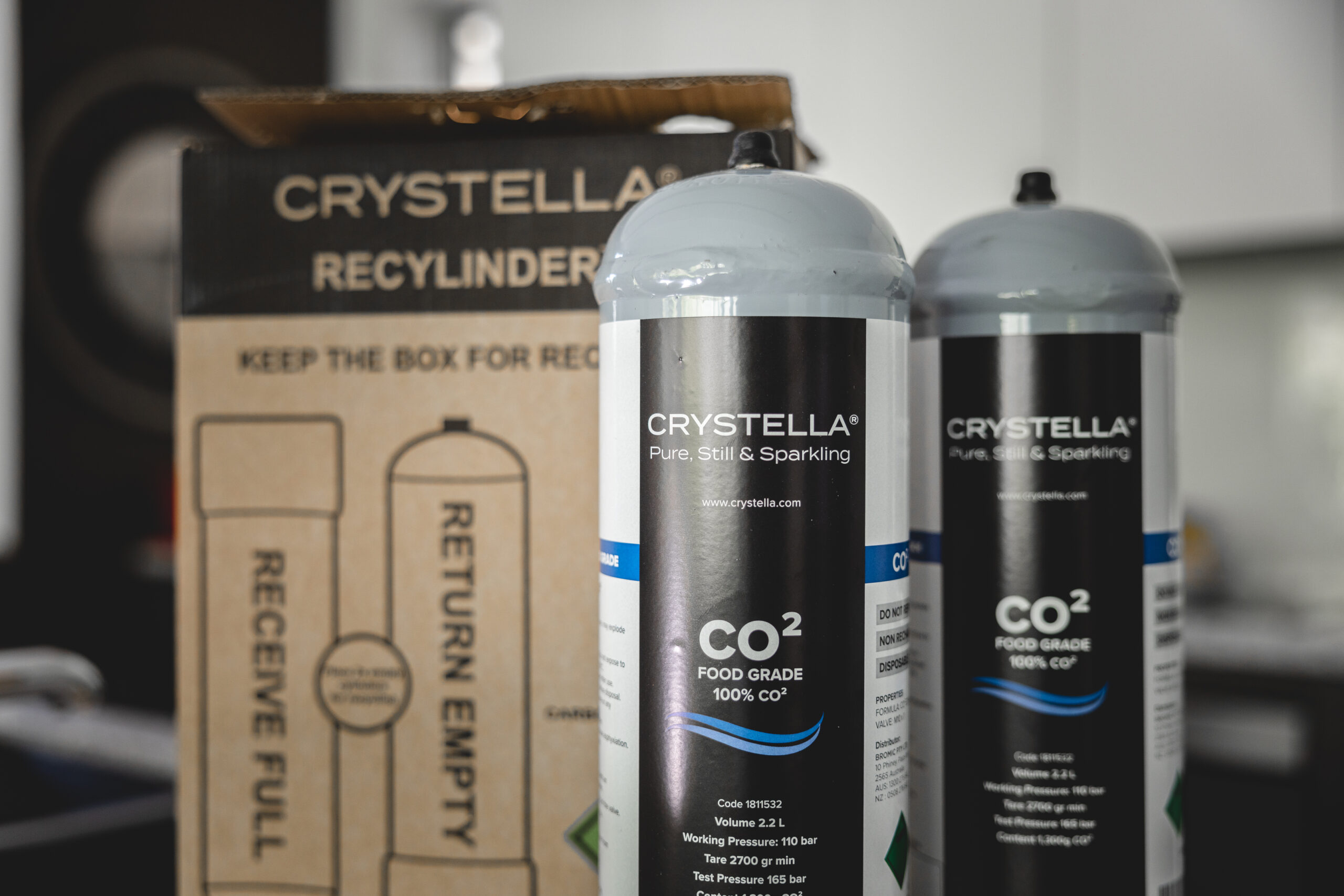 Crystella co2 recyclinder bottles and packaging